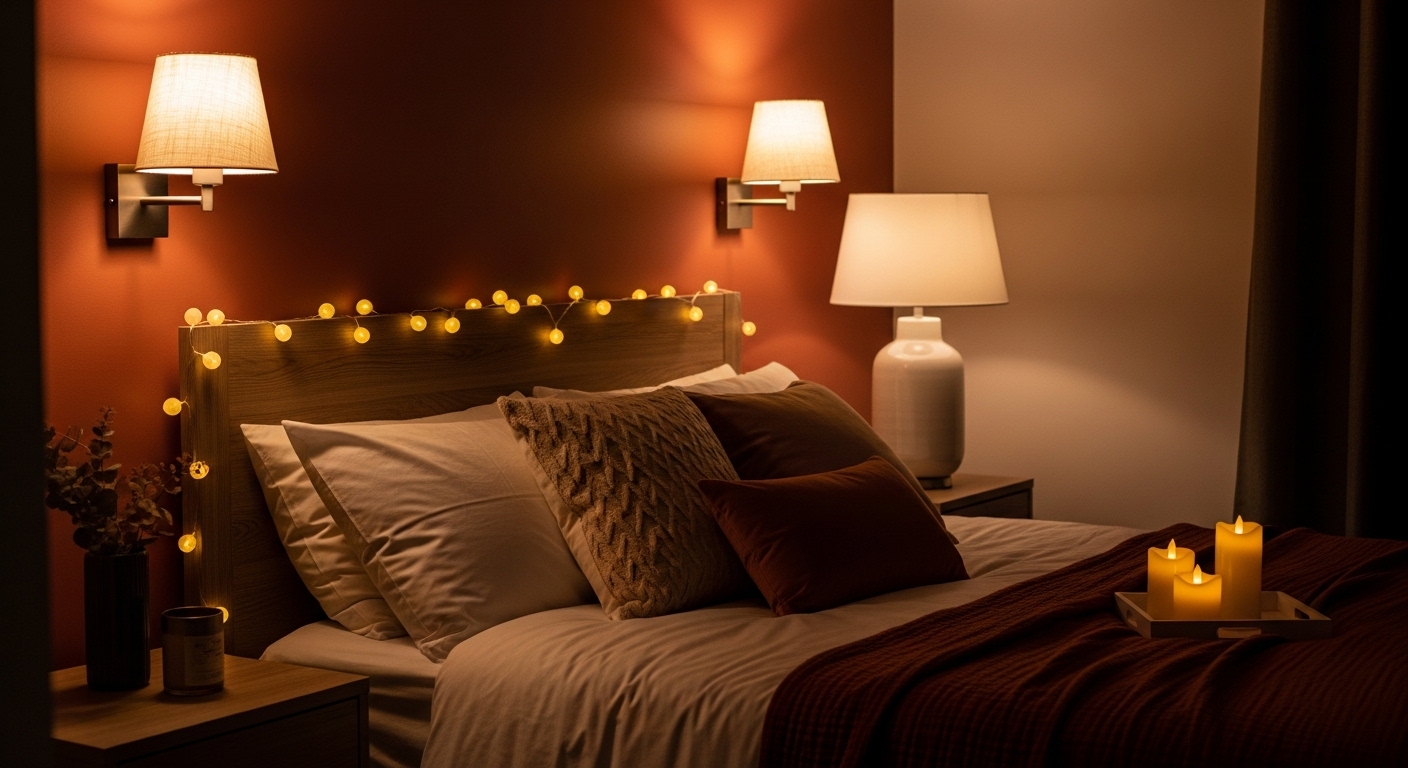 Cozy bedroom with layered warm lighting and terracotta accent wall