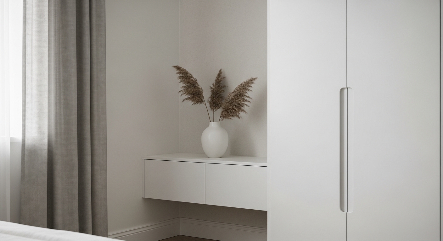 Minimalist white wardrobe corner with dried pampas grass and ceramic vase