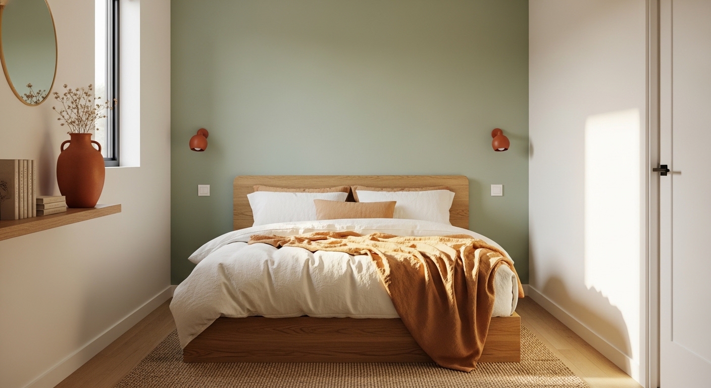 Small bedroom with sage green accent wall, linen bedding, and earthy tones