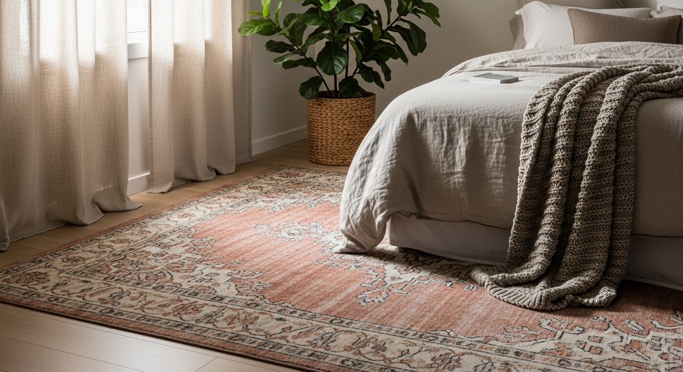 Bedroom with vintage area rug, linen bedding, and fiddle fig plant