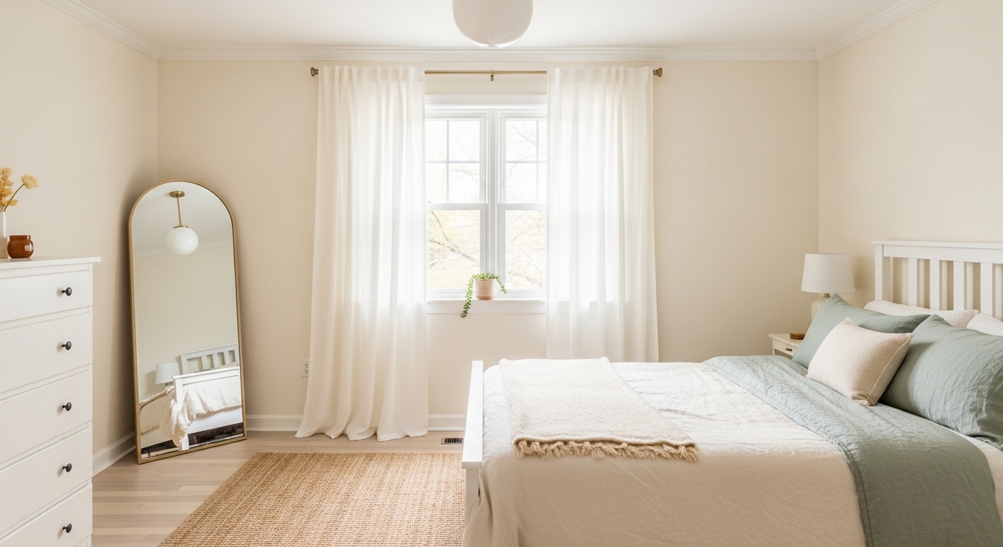 Budget bright bedroom makeover with white walls, sheer curtains, and jute rug