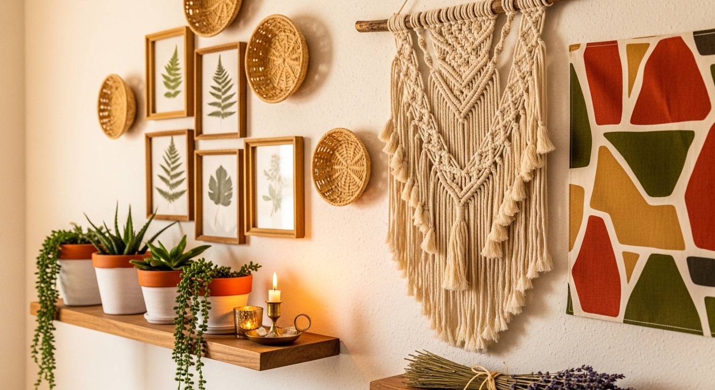 DIY boho wall display with macrame, botanical prints, and terracotta pots