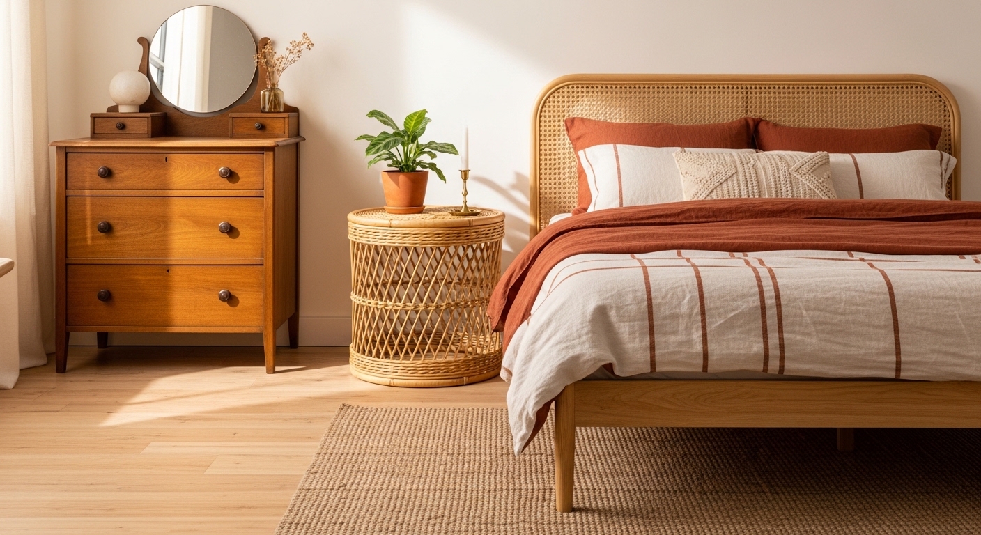 Low platform bed with rattan nightstand and vintage dresser in boho bedroom