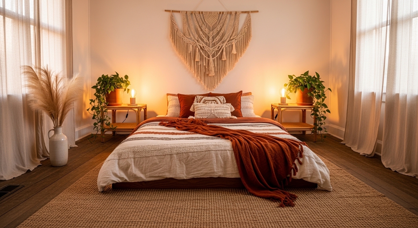 Warm boho bedroom with macrame wall art, layered textiles, and plants