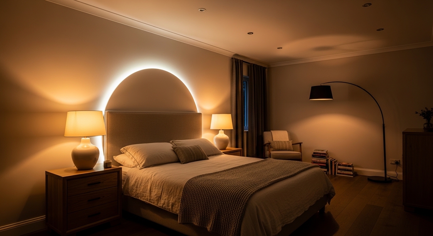 Layered bedroom lighting with table lamps, floor lamp, and LED backlight