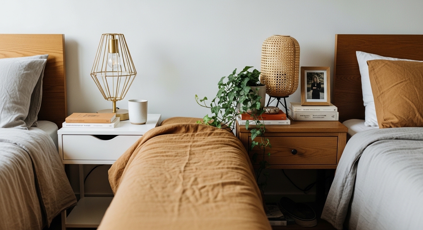 Two contrasting nightstand styles balanced in a shared small bedroom