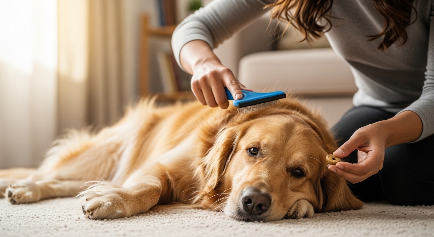owner gently brushing relaxed golden retriever with treat reward