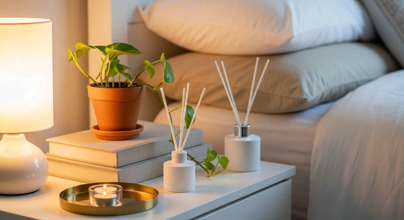 Styled nightstand vignette with ceramic lamp, books, and trailing plant