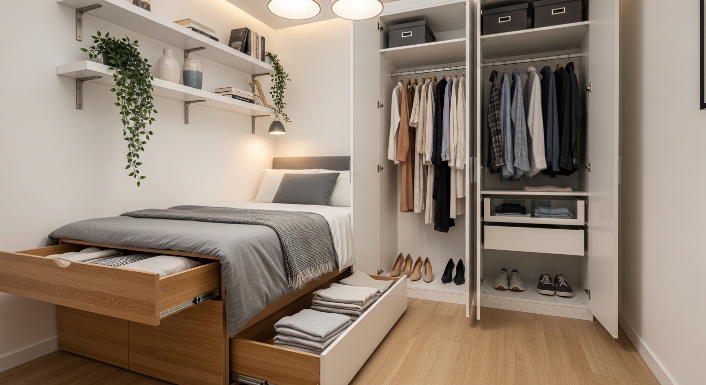 Small bedroom with under-bed drawers and floor-to-ceiling wardrobe storage