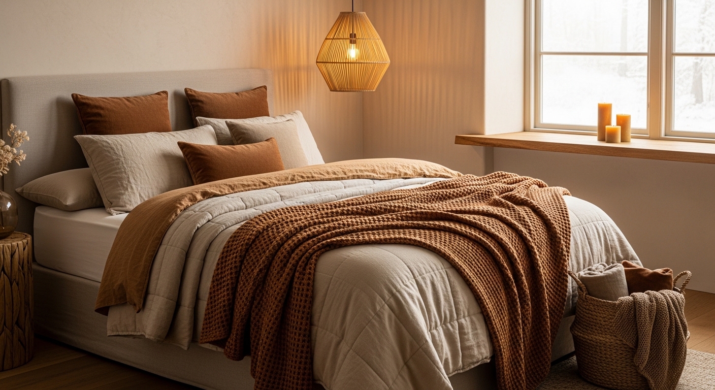 Neutral winter bedroom with layered linen bedding and rattan pendant light