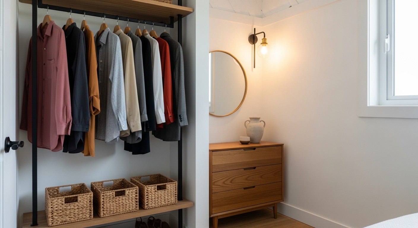 Stylish open wardrobe corner with color-organized clothes and wooden dresser