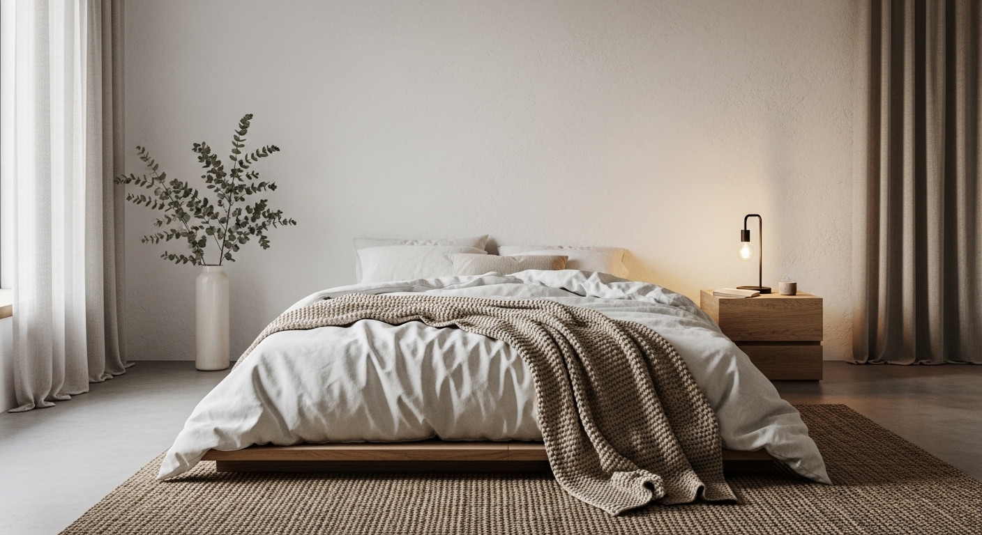 Minimalist winter bedroom with white linen and a single knit throw