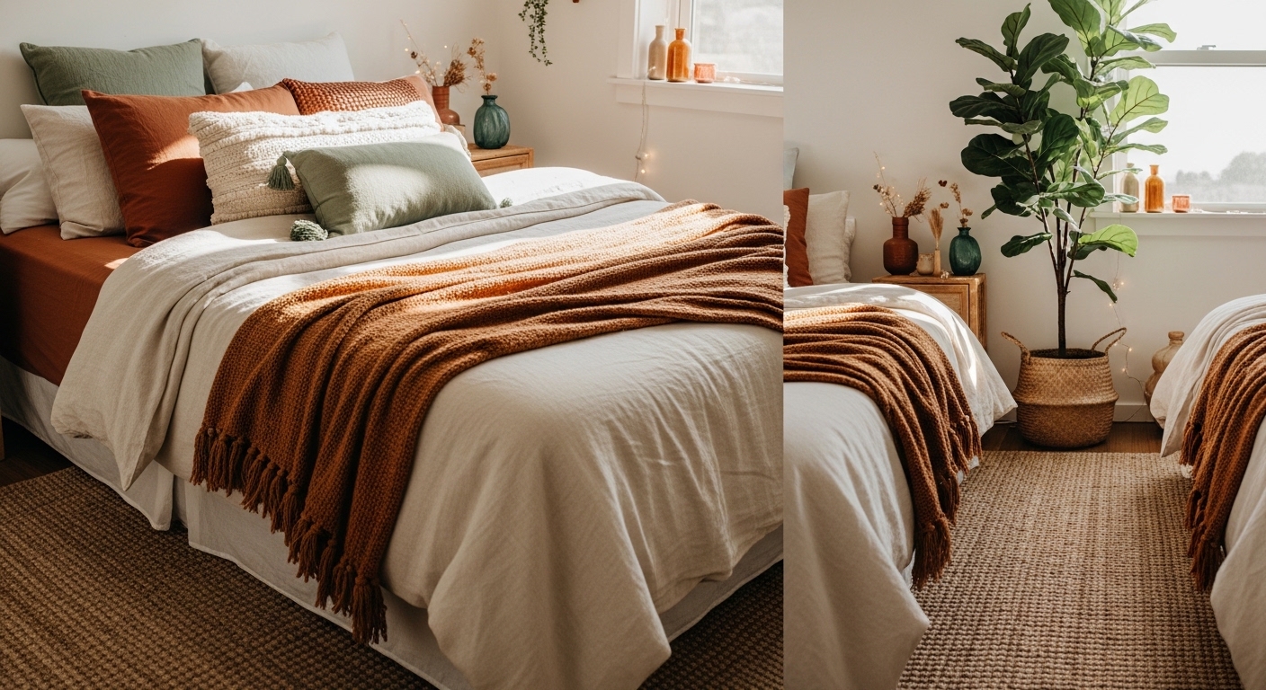 Boho bed styled with linen duvet, layered cushions, and fiddle leaf fig