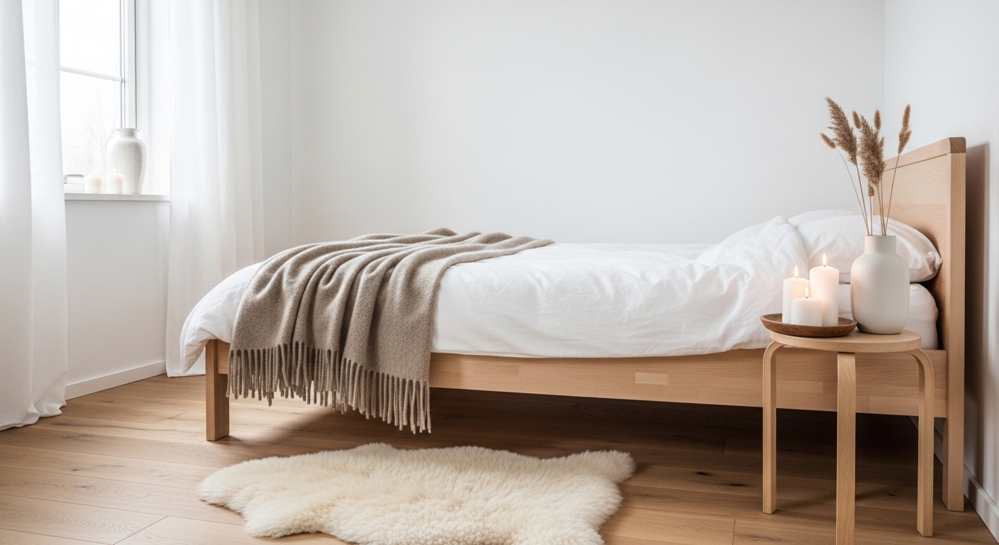 Scandinavian hygge winter bedroom with sheepskin rug and candle clusters
