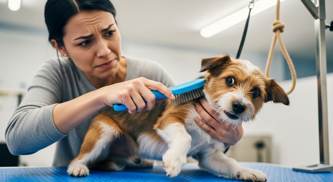 owner struggling to brush a squirming small dog