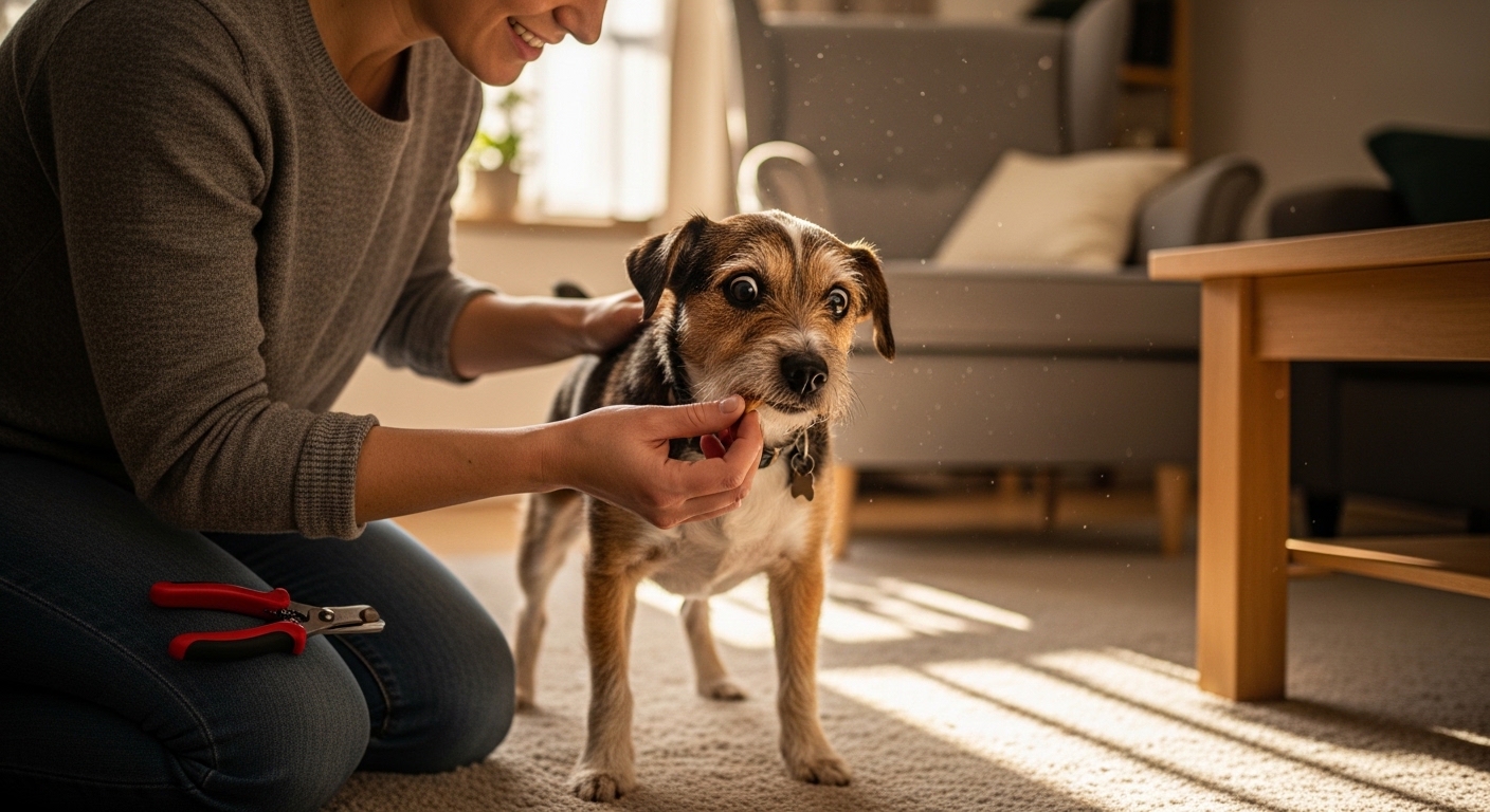 owner calming nervous terrier with treat before nail trim
