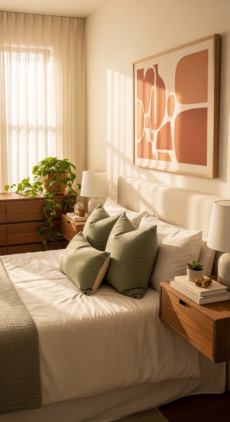 Serene morning light in a styled small bedroom for two with Japandi decor