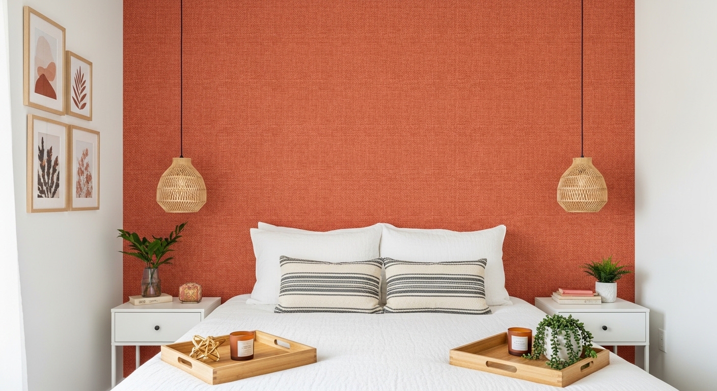 Budget-friendly couple bedroom with terracotta accent wall and rattan pendants