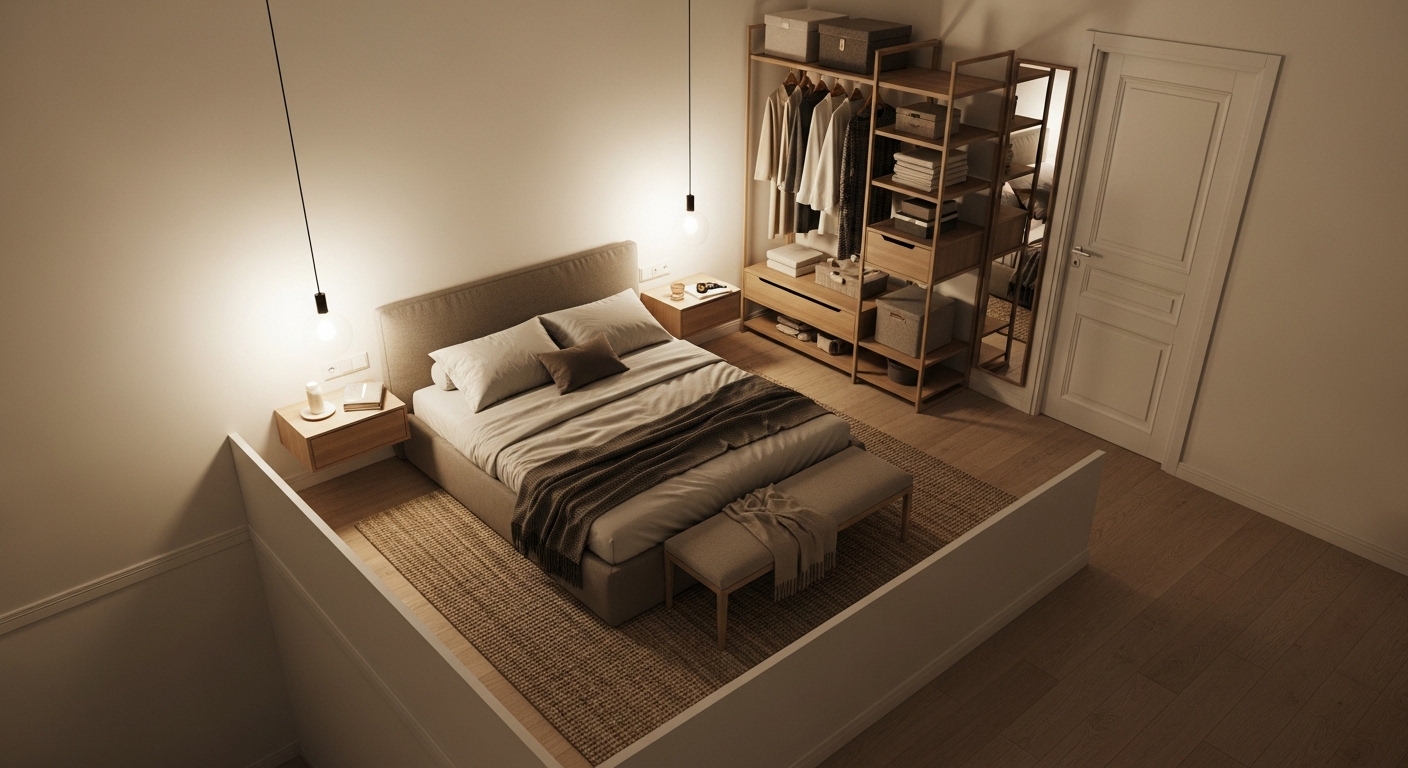 Smart 10x10 bedroom layout with bed centered and slim wardrobe beside door