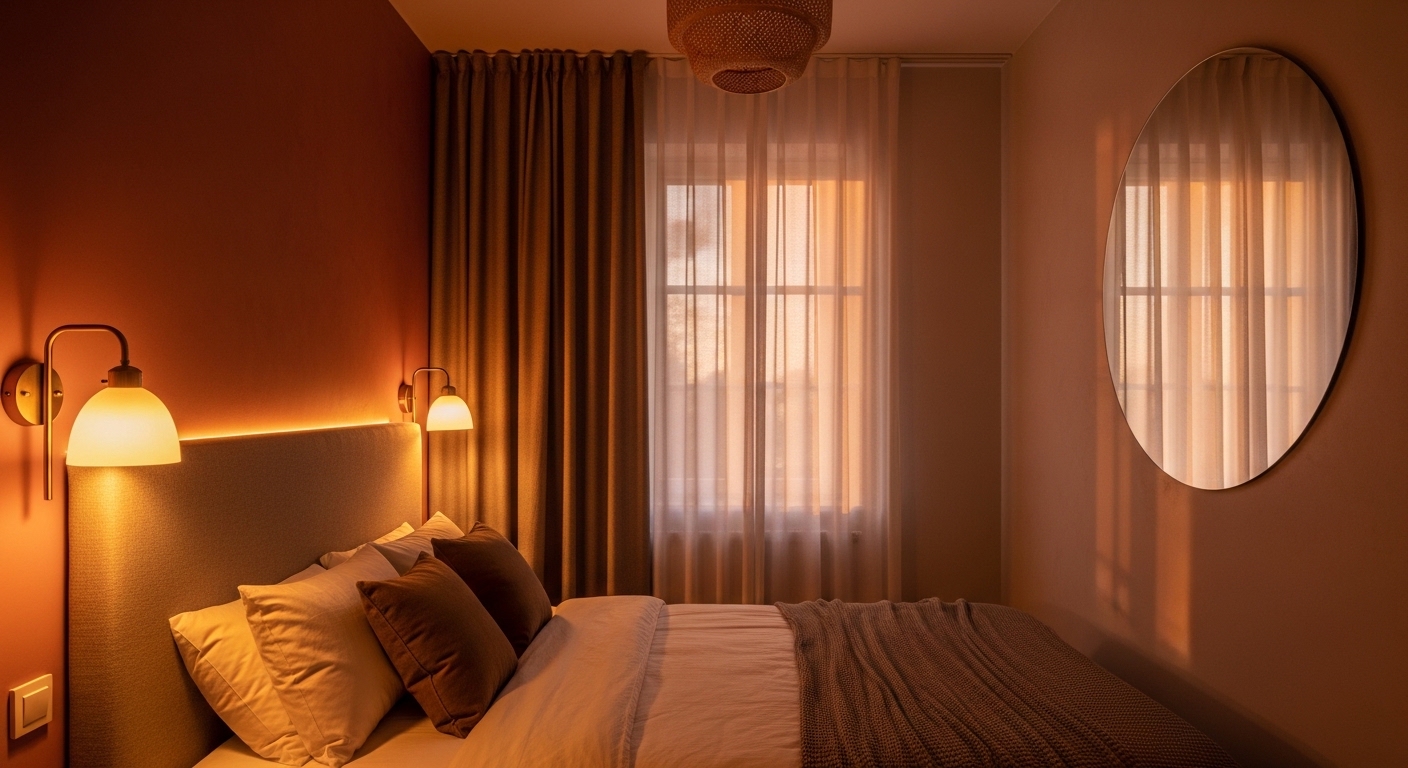 Small bedroom with layered warm lighting, wall sconces, and floor-length curtains