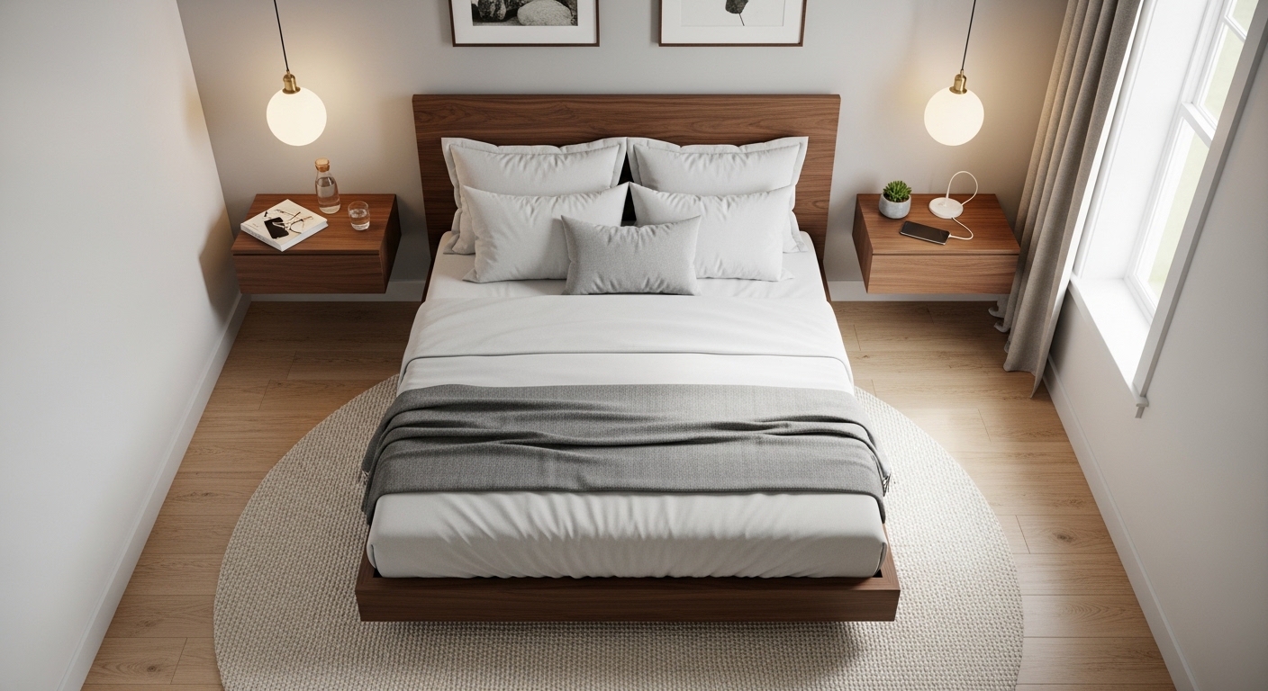 Overhead view of symmetrical small bedroom layout with platform bed