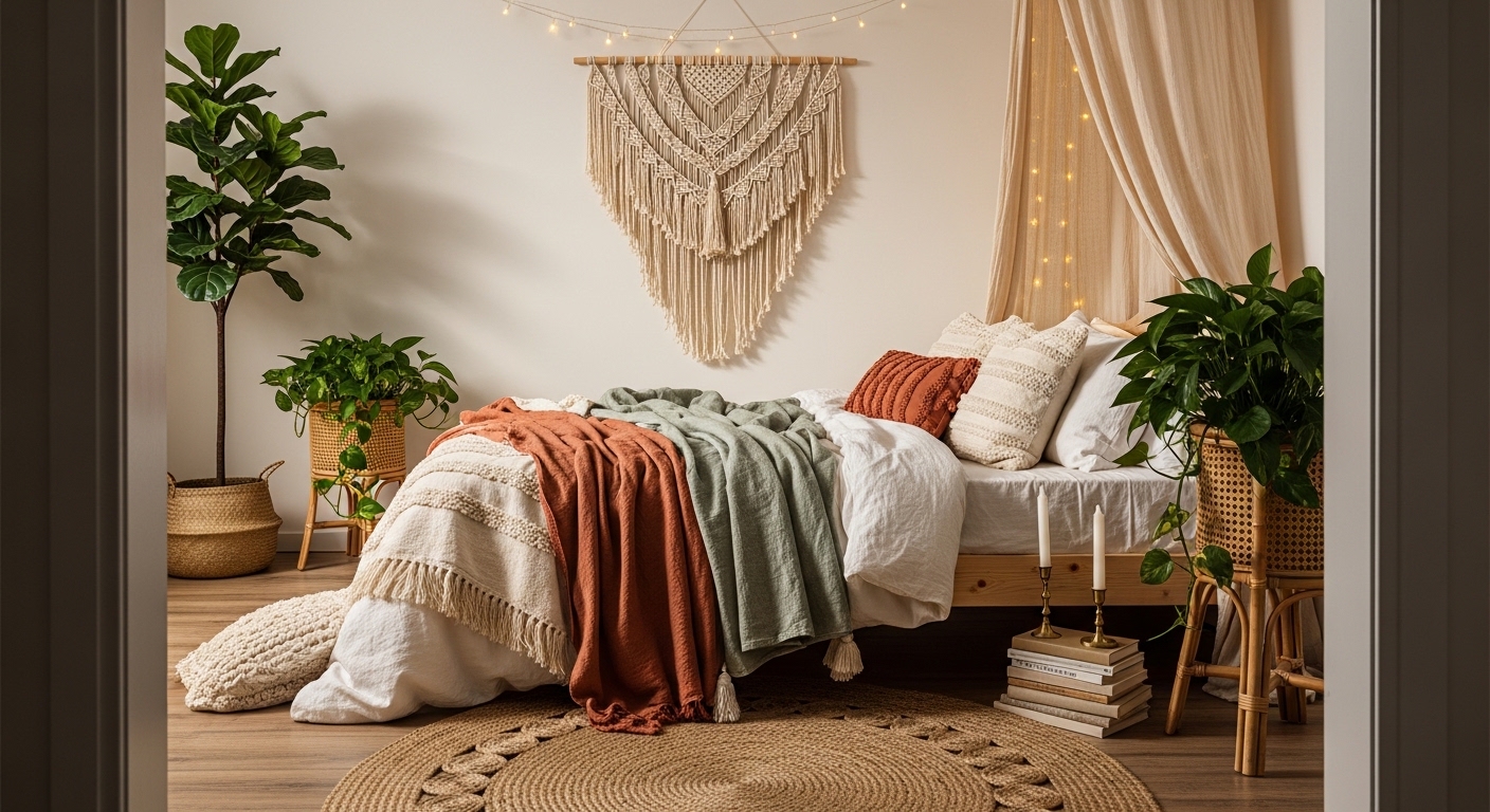Fully styled boho bedroom with plants, macrame, layered textiles, and warm lighting