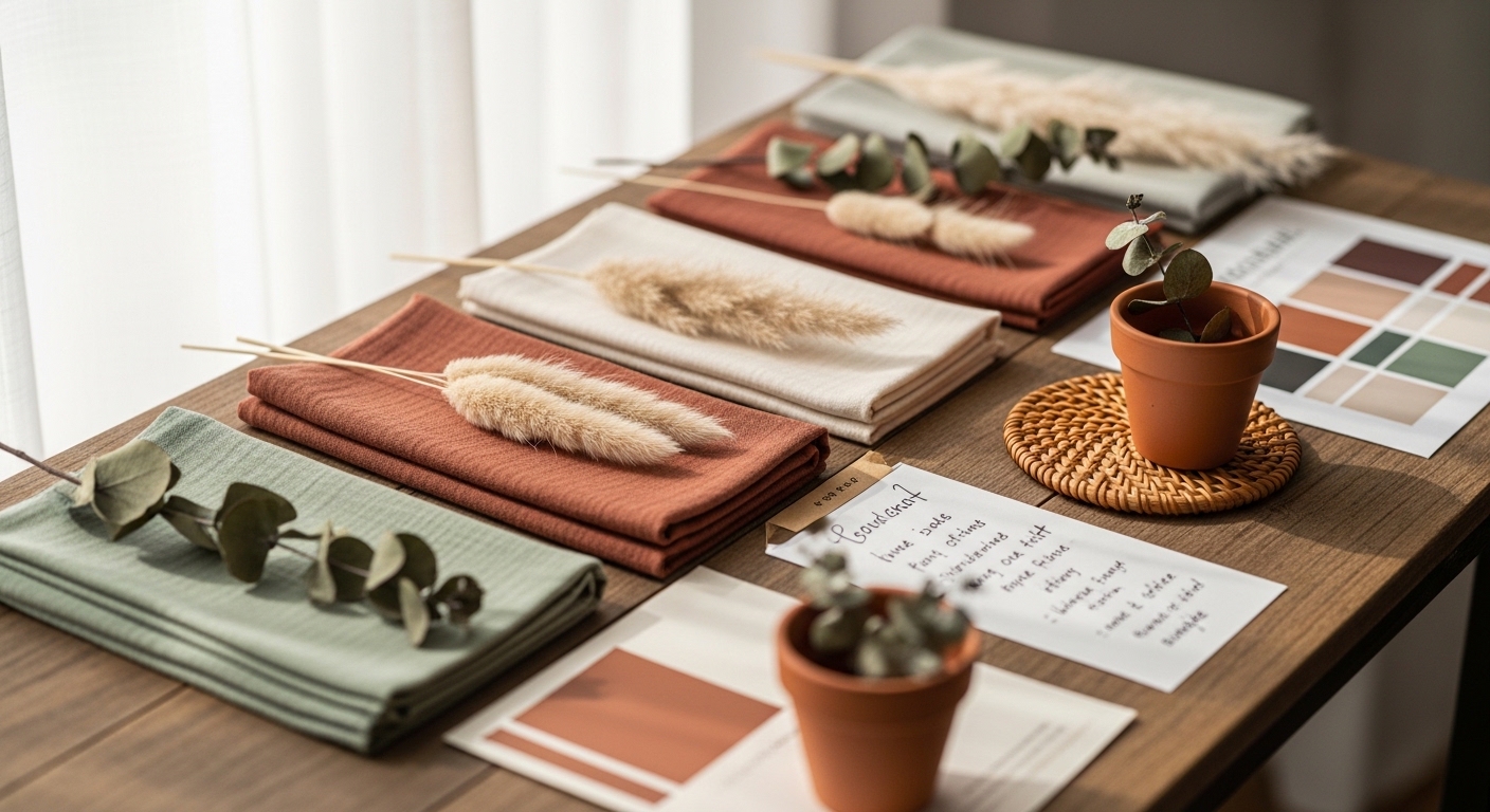 Boho bedroom mood board with earthy fabric swatches and dried botanicals