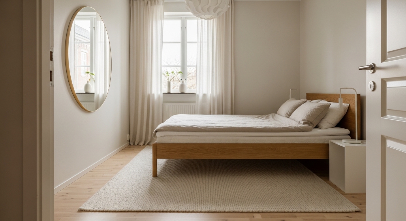 Low-profile oak platform bed in bright minimalist bedroom with mirror