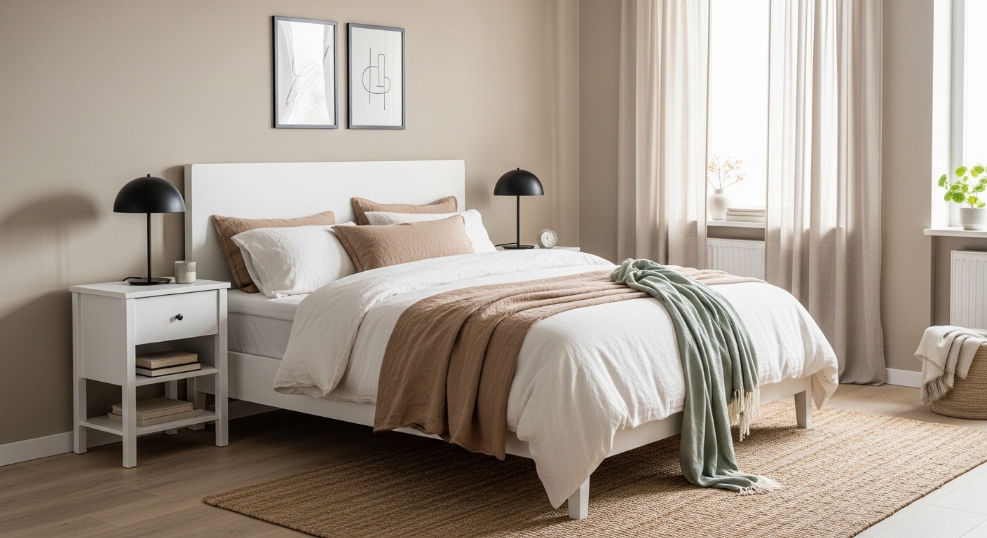 White bedroom with warm greige walls, taupe linen bedding, and sage accents