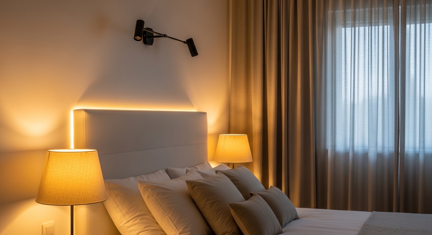 Minimalist white bedroom with warm layered lamp lighting at dusk