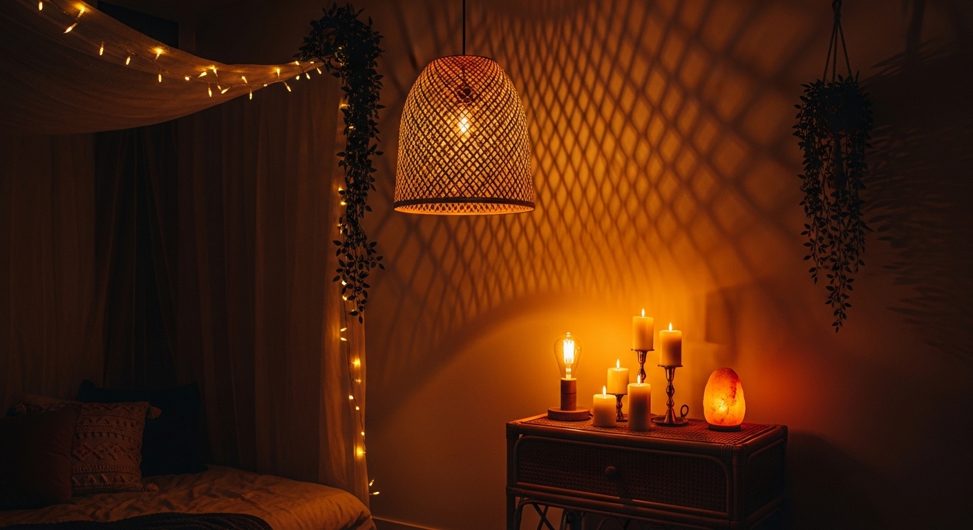 Moody boho bedroom with fairy lights, rattan pendant lamp, and candles