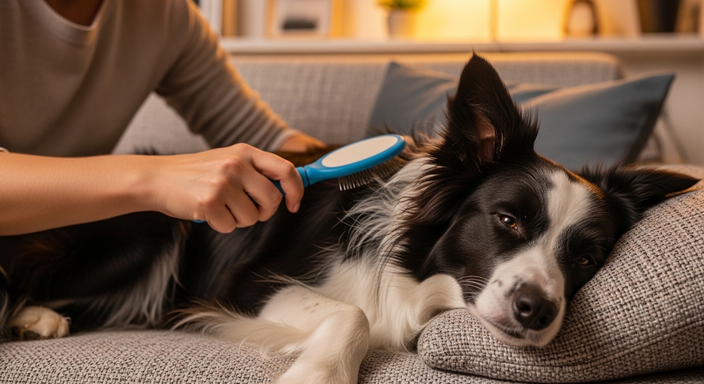 happy border collie being calmly brushed on a cozy sofa