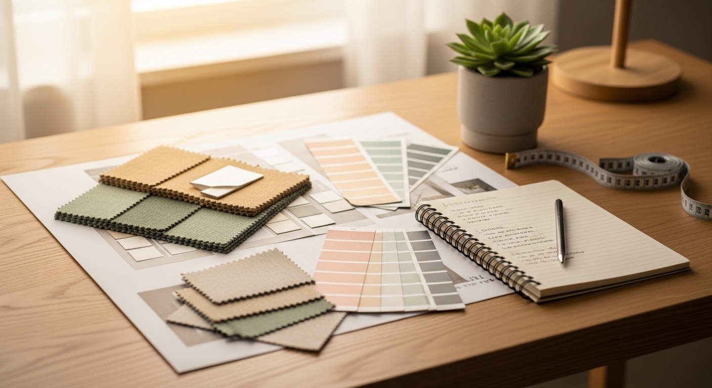 Bedroom planning mood board with fabric swatches and paint samples