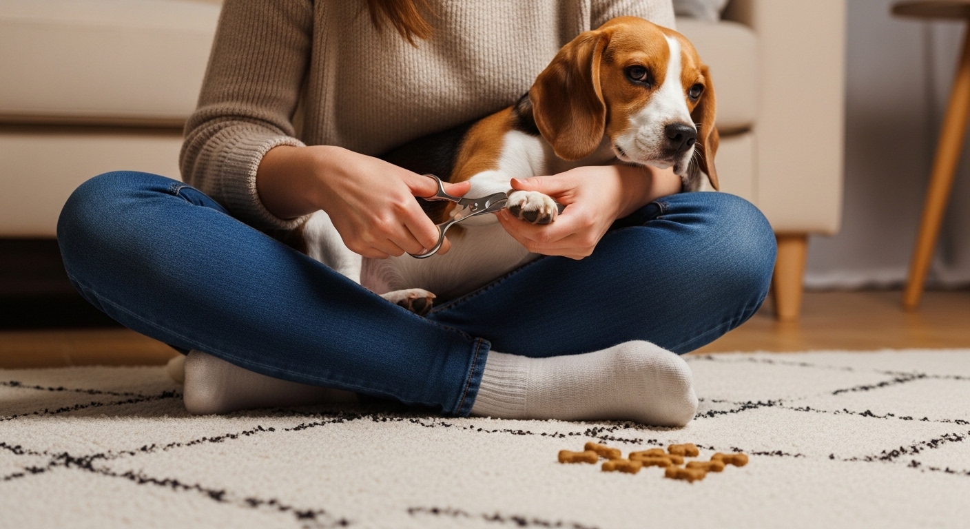 person trimming beagle nails on floor with treats nearby