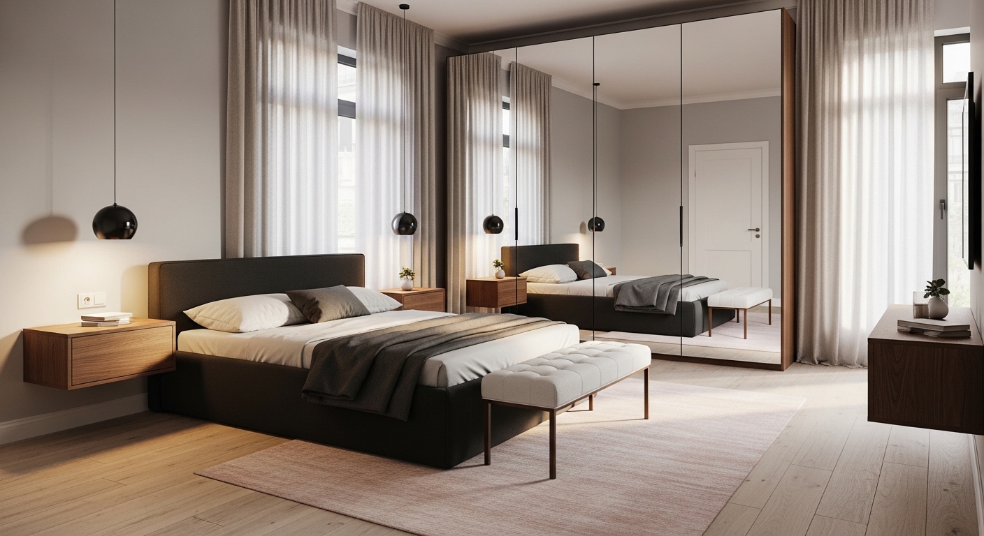 Space-saving small bedroom with mirrored wardrobe and platform bed