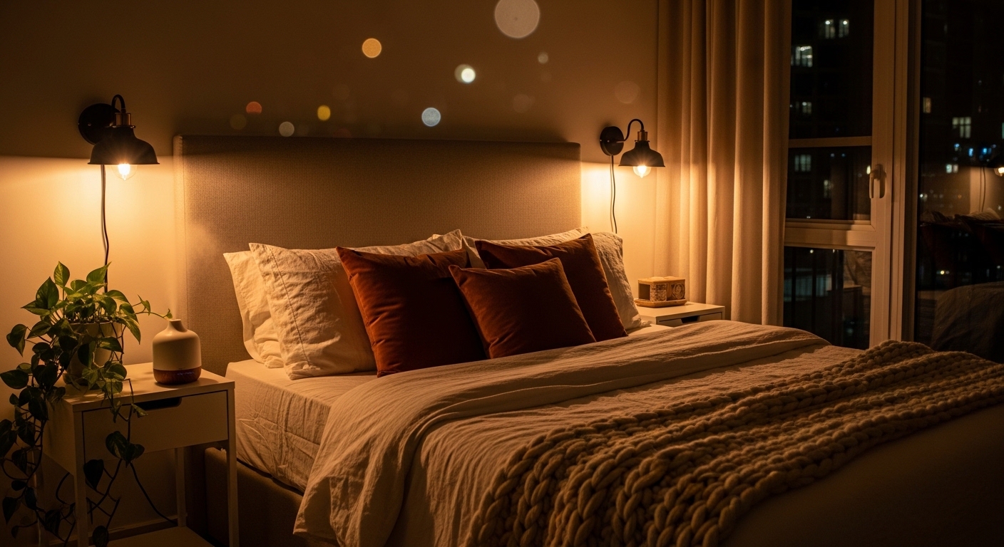 Romantic small bedroom for couples with warm sconce lighting and layered textiles