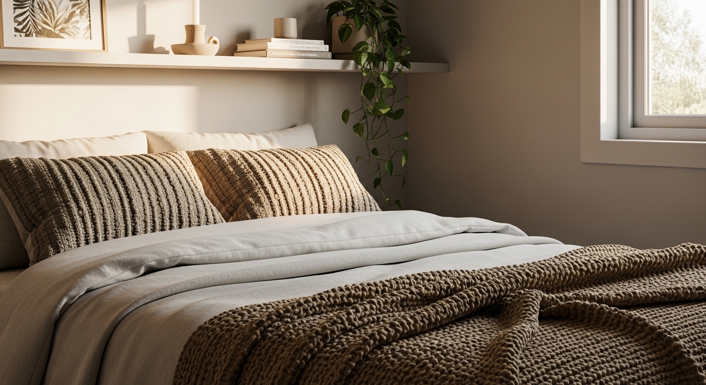 Cozy bedroom bed styled with linen, knit throw, and trailing plant shelf