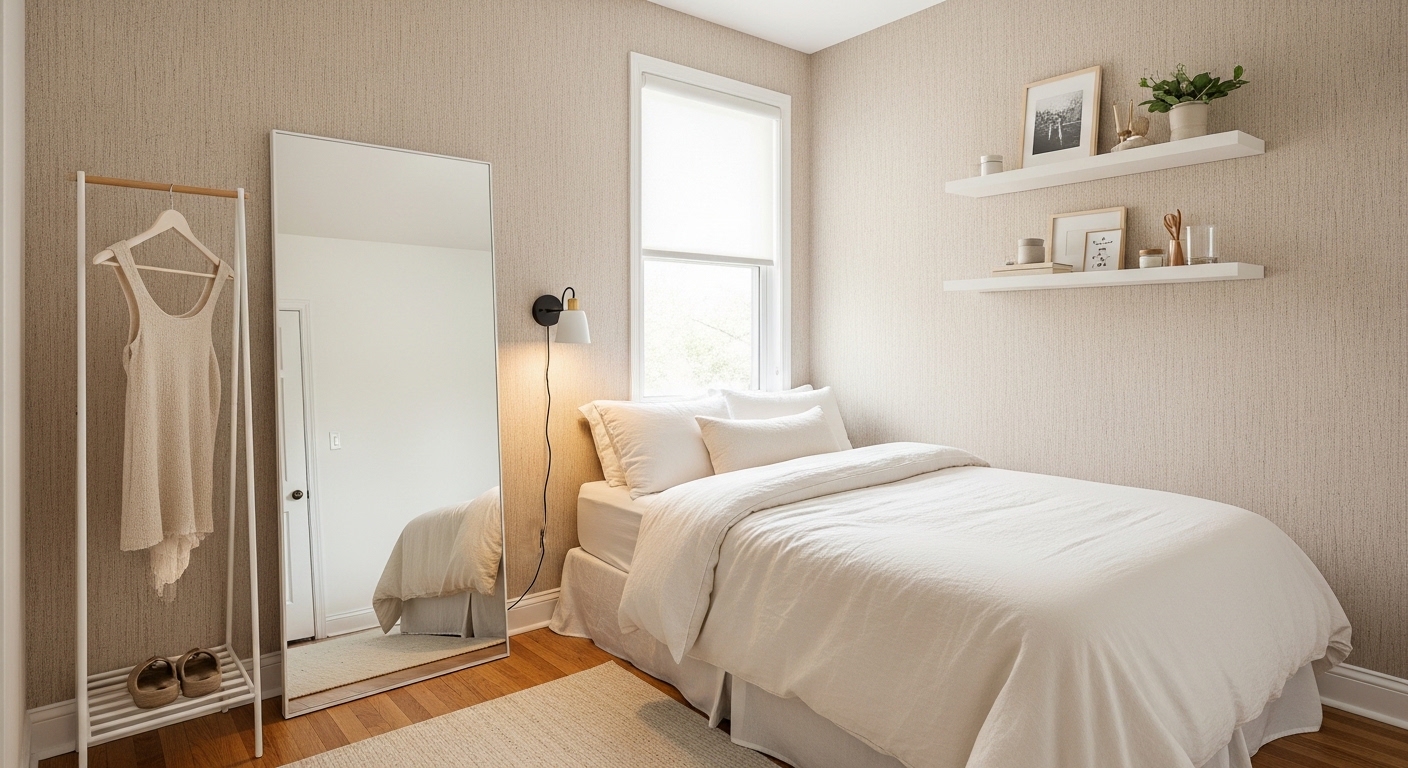 Budget-friendly small bedroom makeover with wallpaper, mirror, and linen bedding