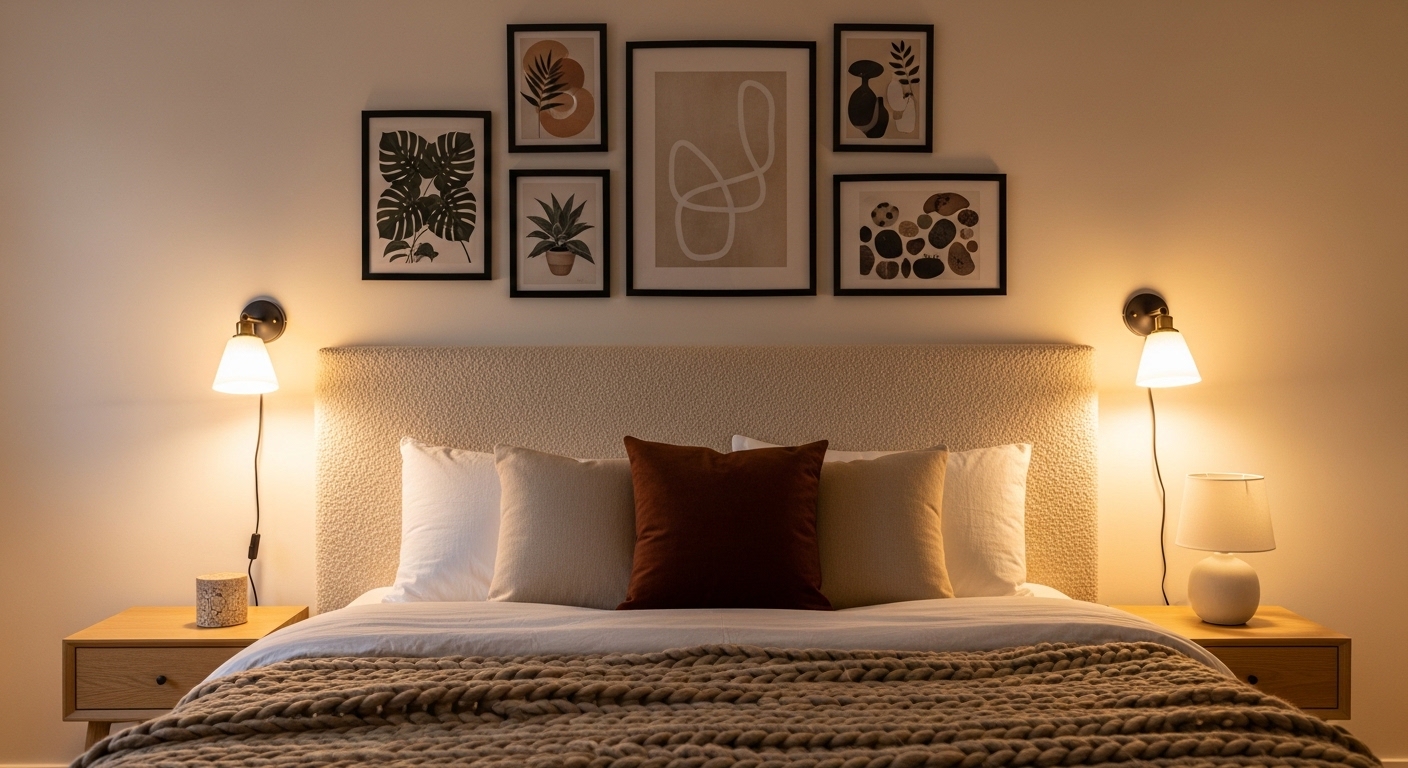 DIY gallery wall above boucle headboard with botanical prints and warm lighting