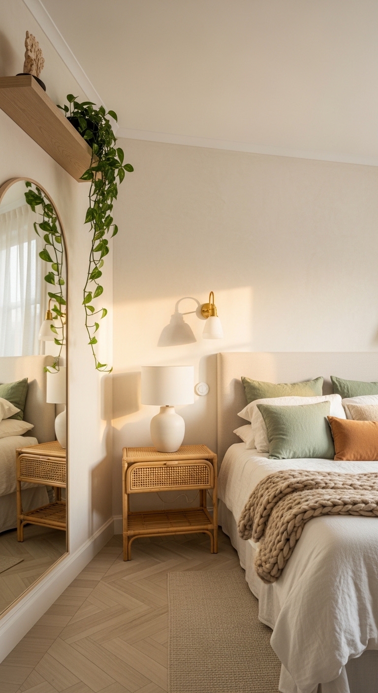 Pinterest-style bright bedroom with limewash walls, linen bedding, and rattan accents