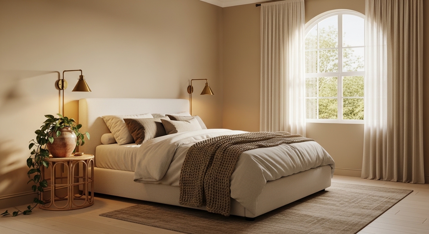 Warm greige bedroom with brass sconces, linen bedding, and rattan accents