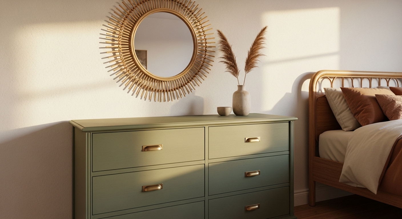 Thrifted dresser painted sage green with brass hardware and rattan mirror