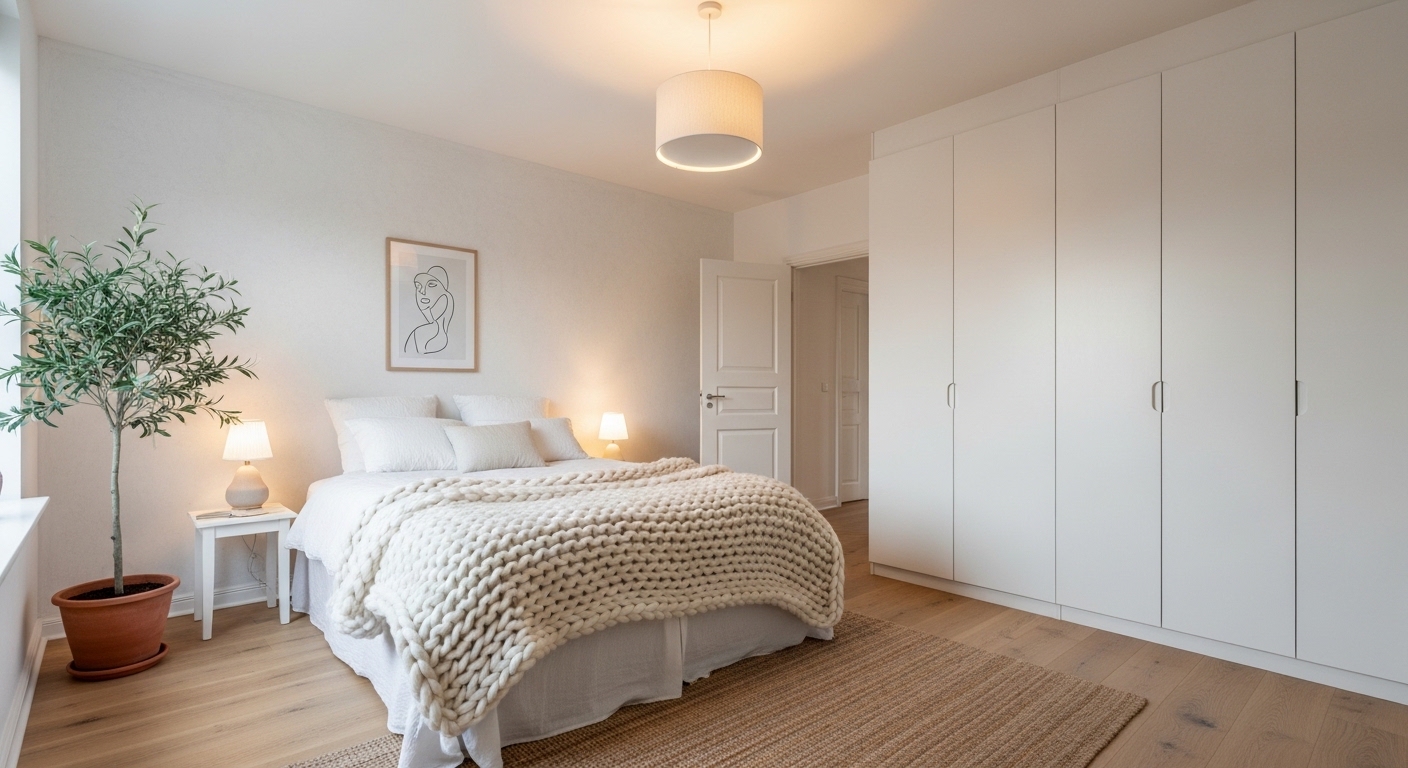 Layered minimalist white bedroom with jute rug, knit throw, and olive tree