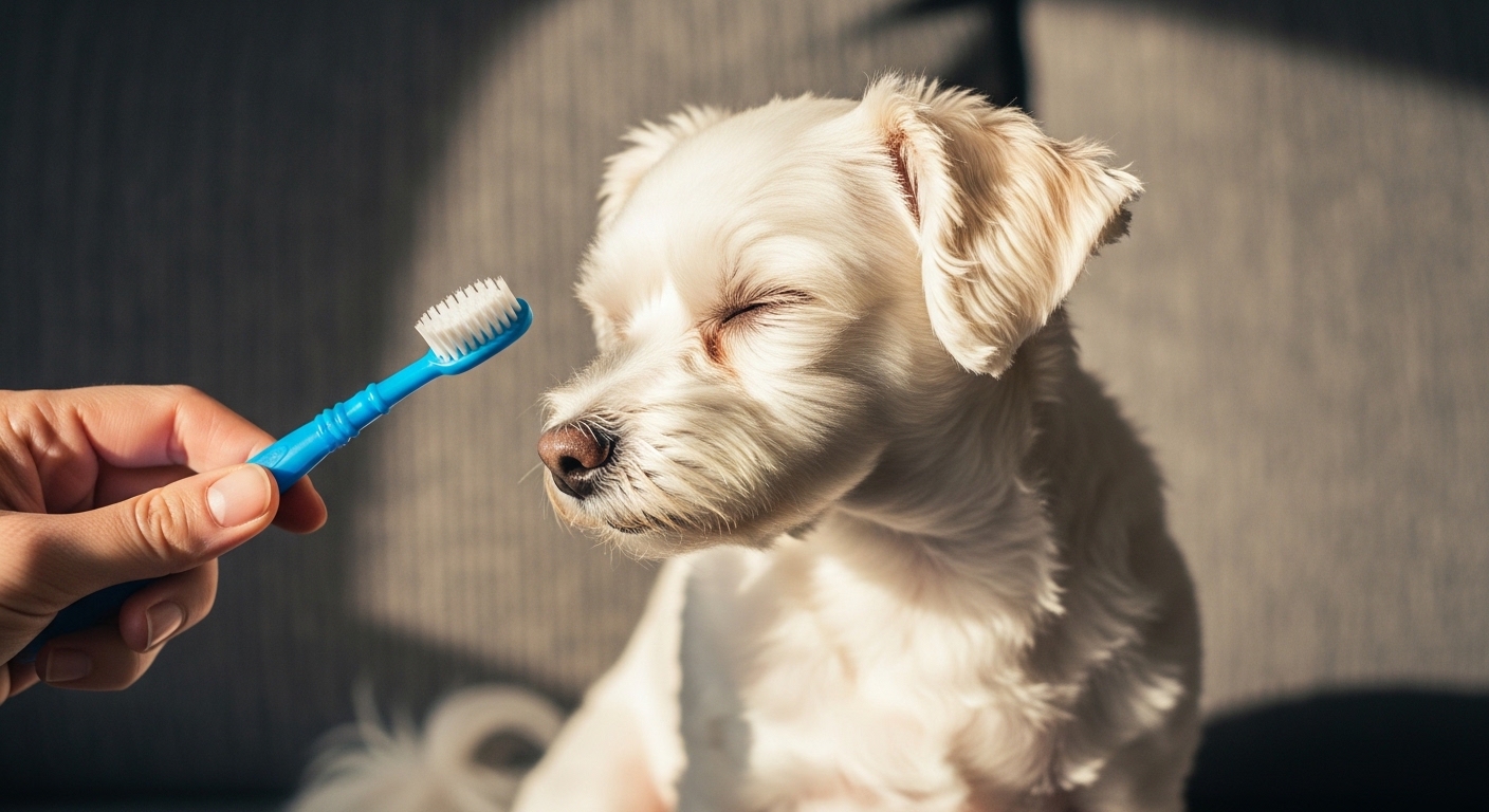 small white dog turning away from toothbrush on couch
