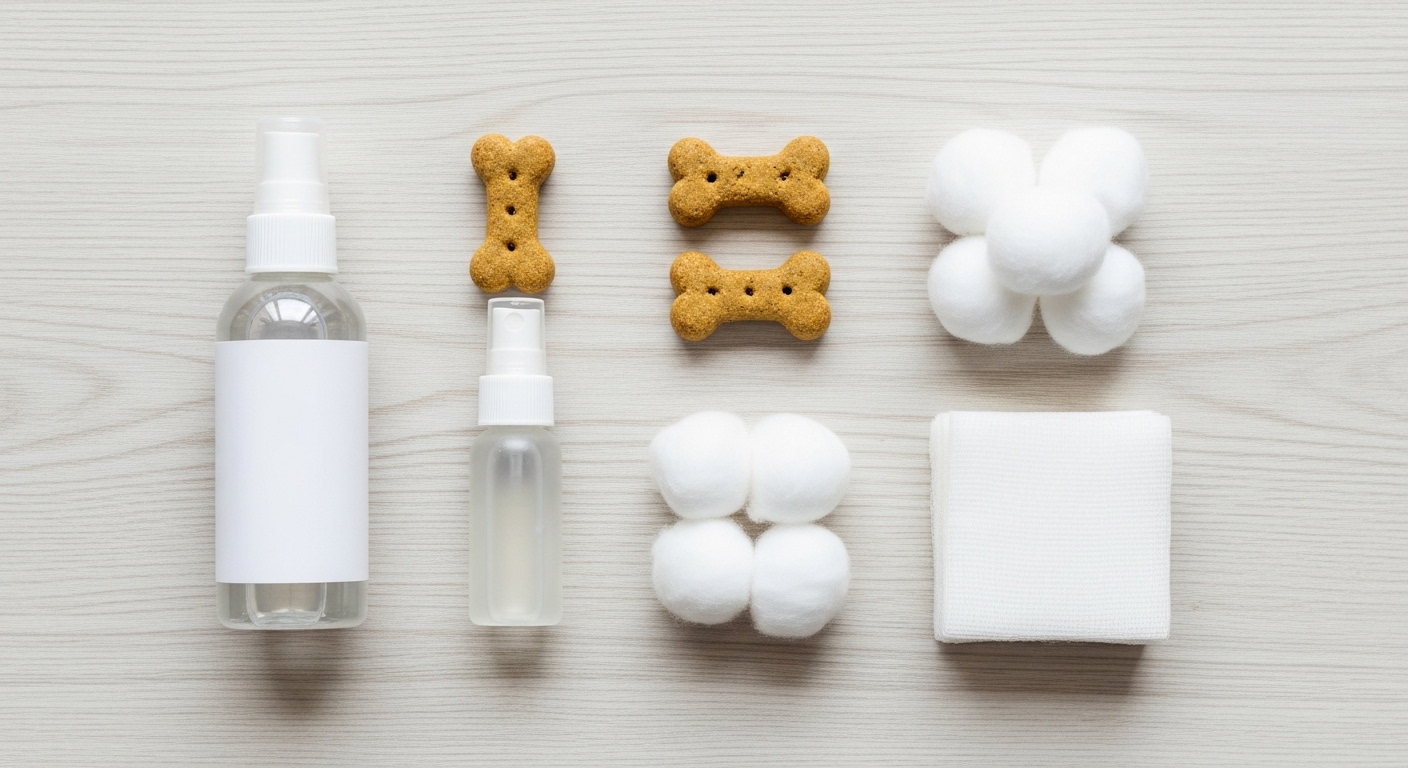 dog ear cleaning supplies laid out on wooden surface