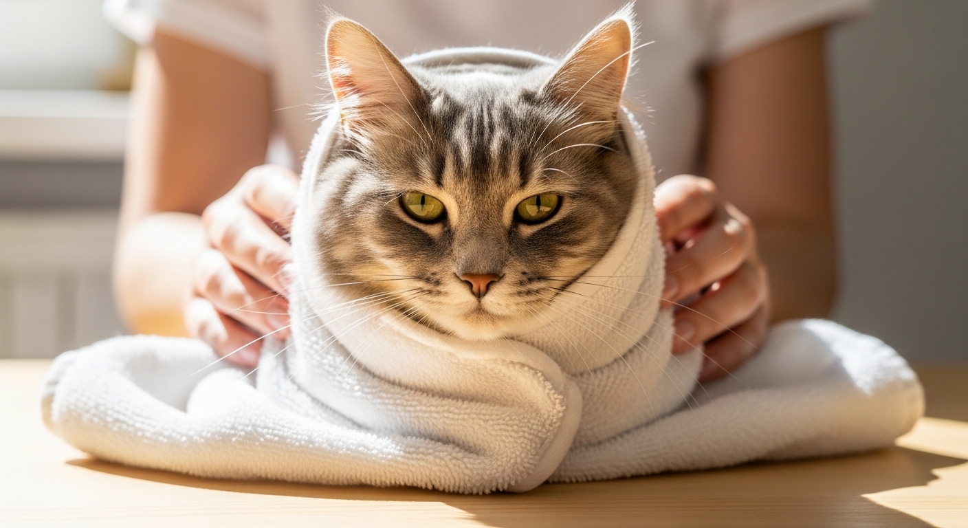fluffy gray cat wrapped in white towel for pilling