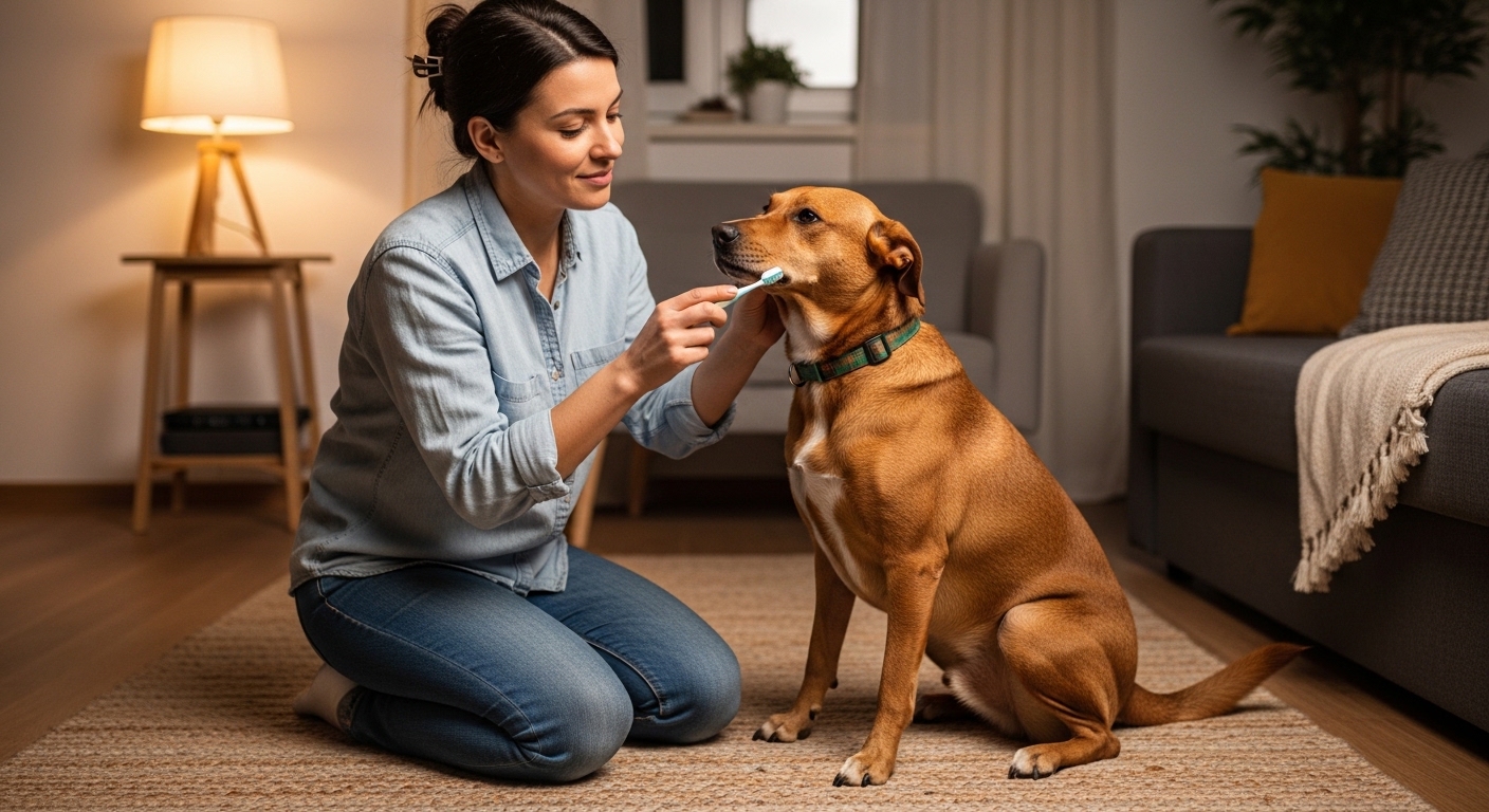 woman gently brushing brown dog's teeth on living room rug
