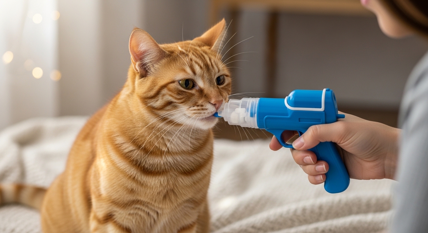 owner using a blue pill gun to give orange cat medication