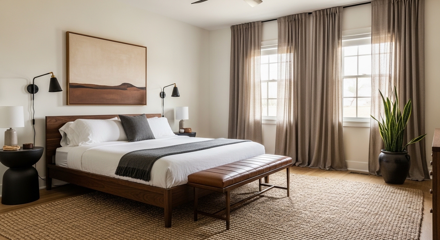 Complete masculine minimalist bedroom with walnut bed, linen curtains, and leather bench