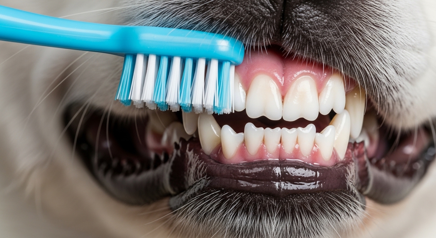 close-up of dog teeth being brushed with blue toothbrush